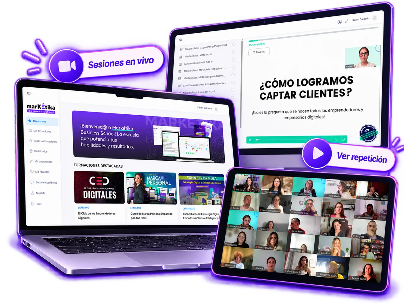 Plataforma, masterclass en directo, biblioteca de recursos y repeticiones